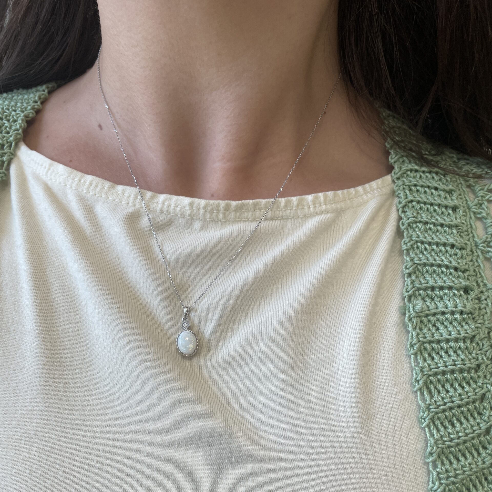 White Gold Oval Opal Necklace with Diamond Milgrain