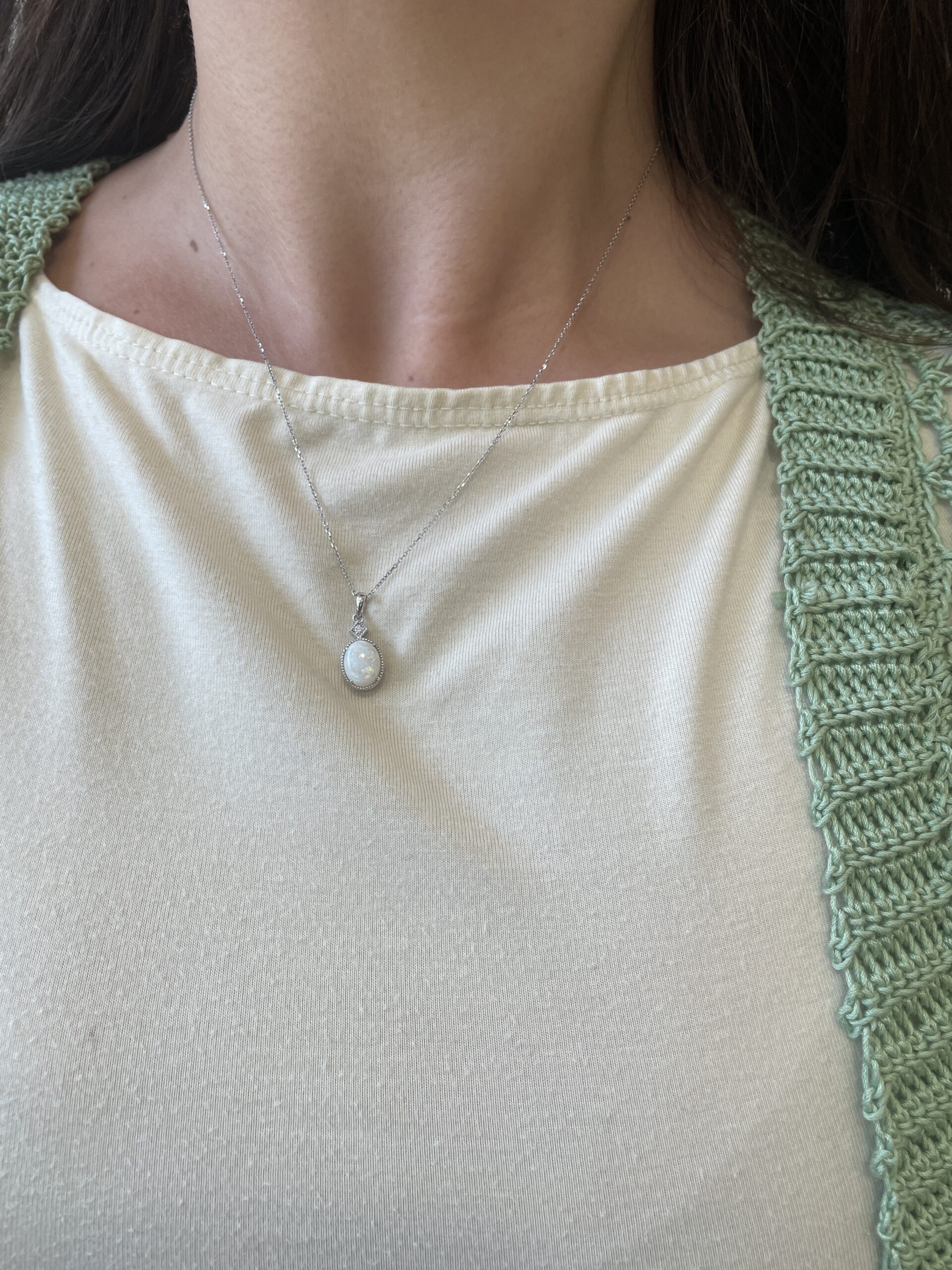White Gold Oval Opal Necklace with Diamond Millgrain