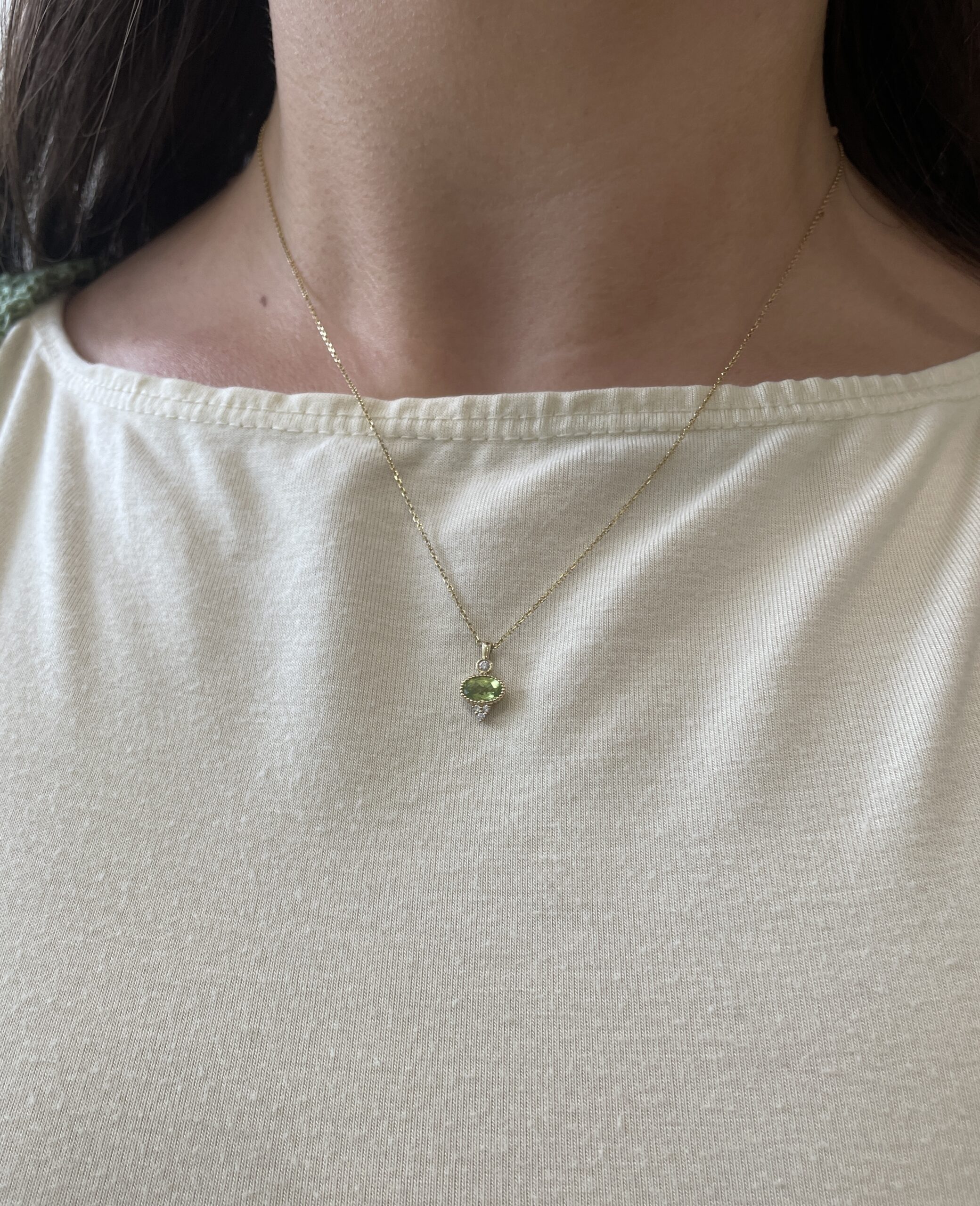 Yellow Gold Oval Peridot and Diamond Necklace