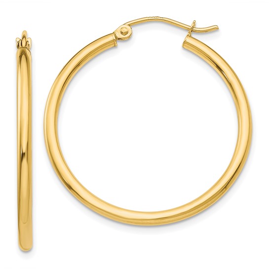 Yellow Gold Polished Tube Hoop Earrings, 30mm