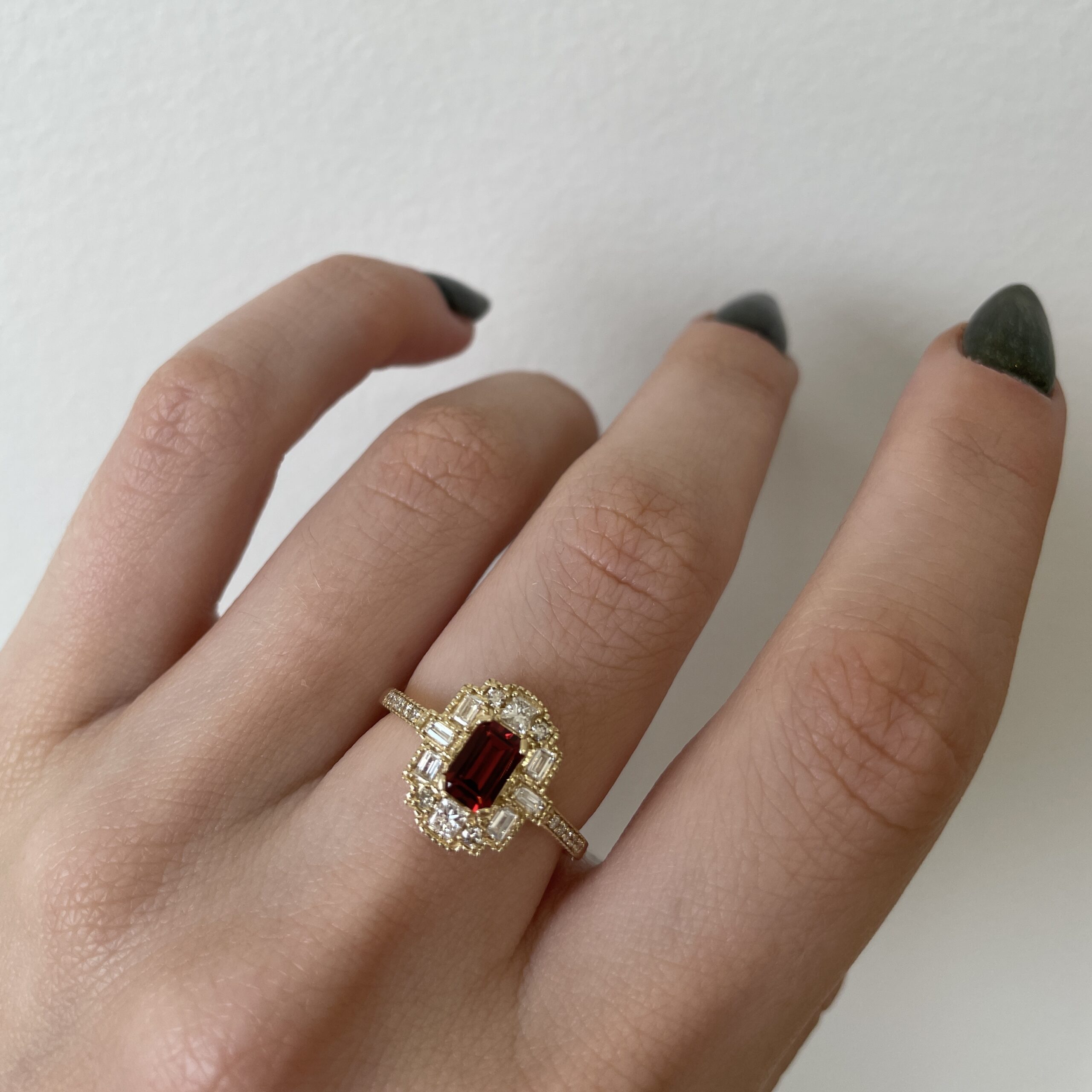 Art Deco-Inspired Yellow Gold Garnet and Diamond Ring