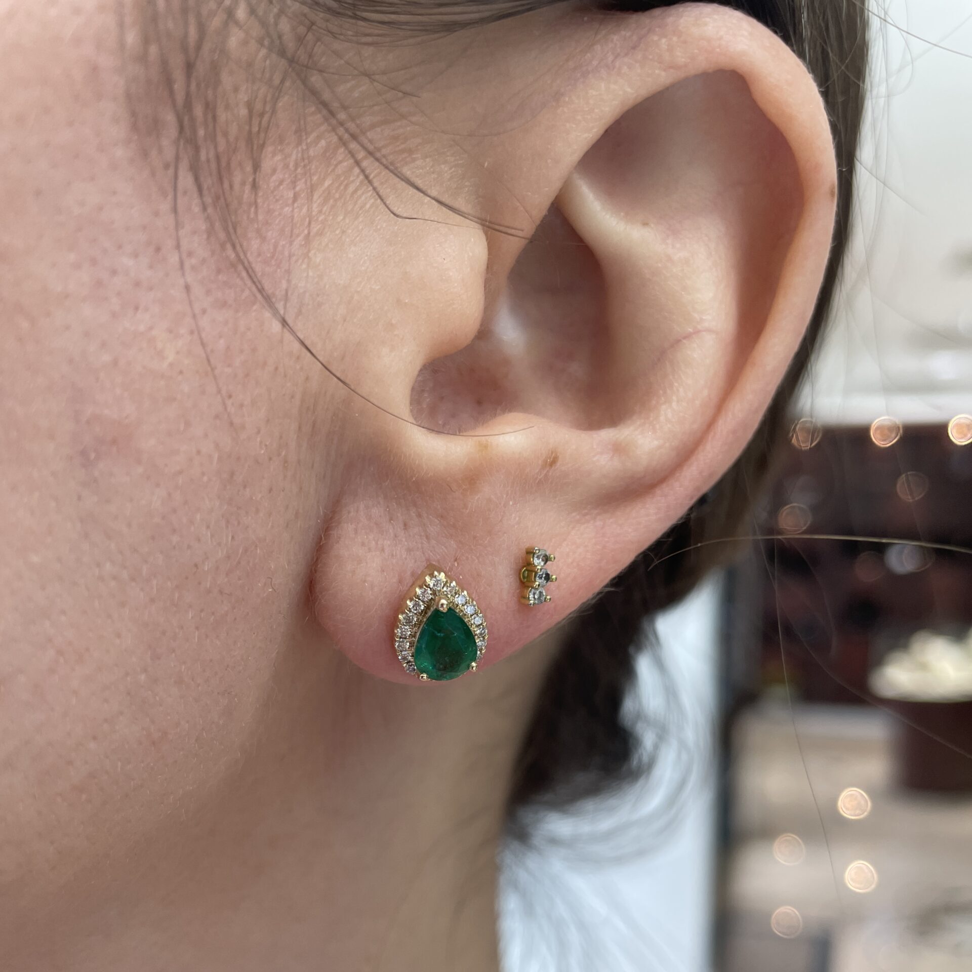 Yellow Gold Pear-Shaped Diamond Halo Emerald Earrings
