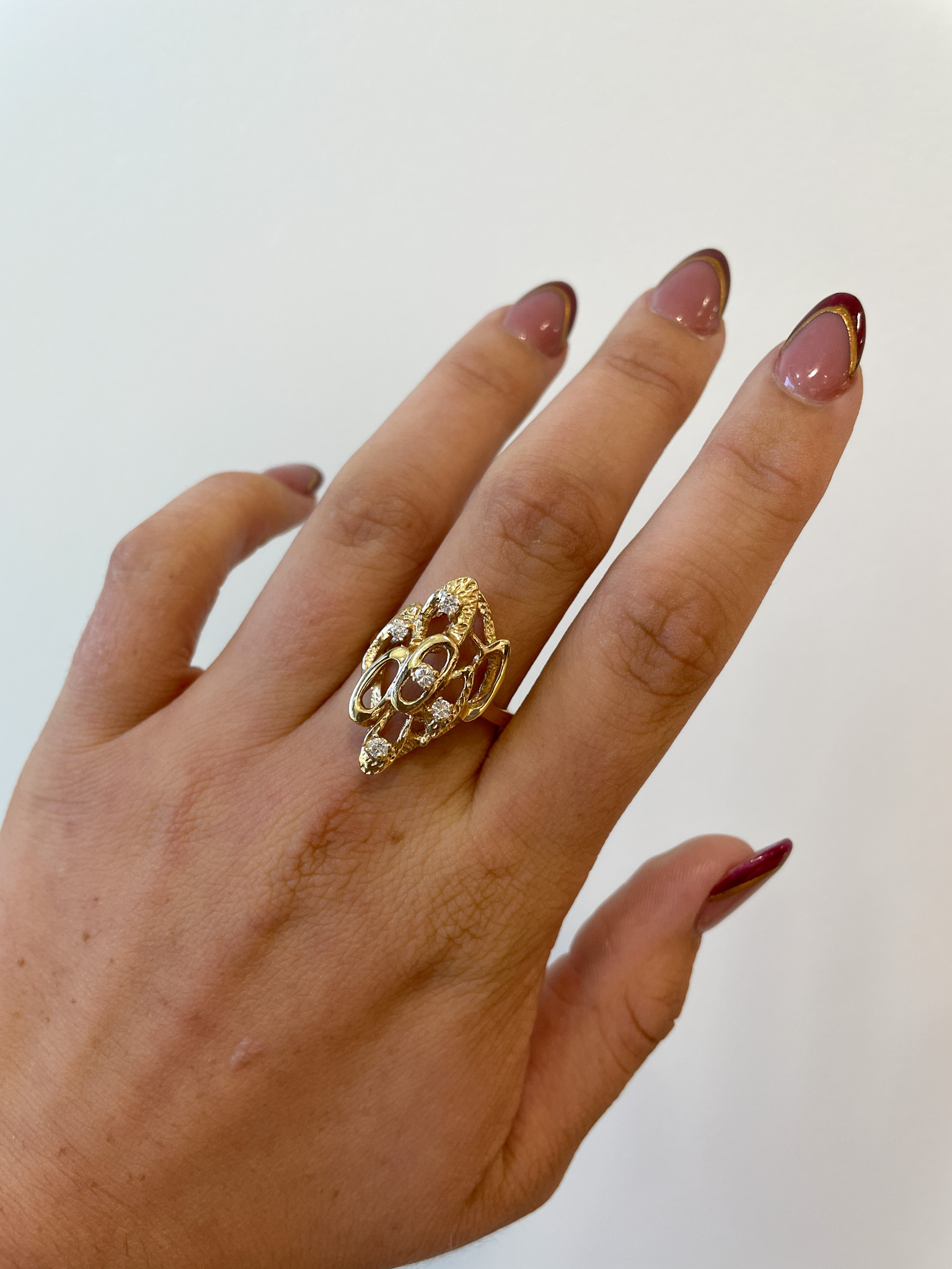 Estate: Yellow Gold Freeform Fashion Ring with Diamonds