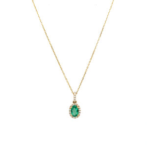 Yellow Gold Oval Emerald Necklace with Diamond Halo