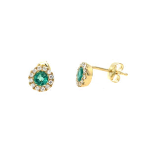 Yellow Gold Emerald Studs with Diamond Halo