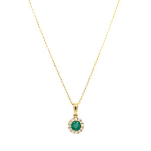 Yellow Gold Round Emerald Necklace with Diamond Halo