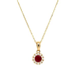Yellow Gold Ruby Necklace with Diamond Halo
