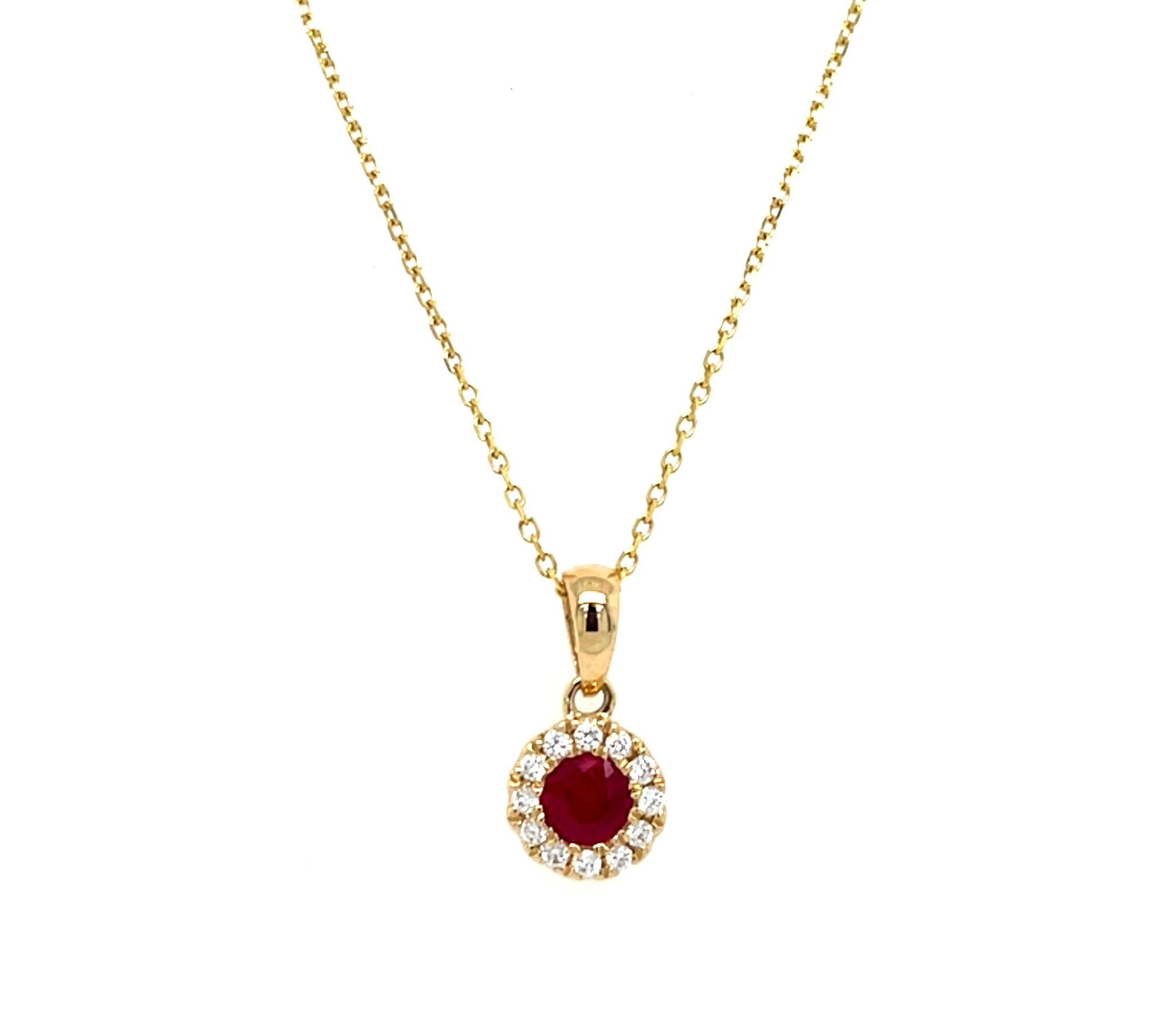 Yellow Gold Ruby Necklace with Diamond Halo