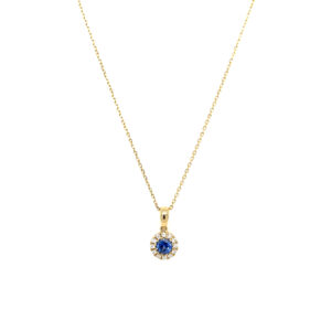Yellow Gold Round Sapphire Necklace with Diamond Halo