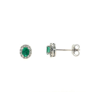 White Gold Emerald Studs with Diamond Halos