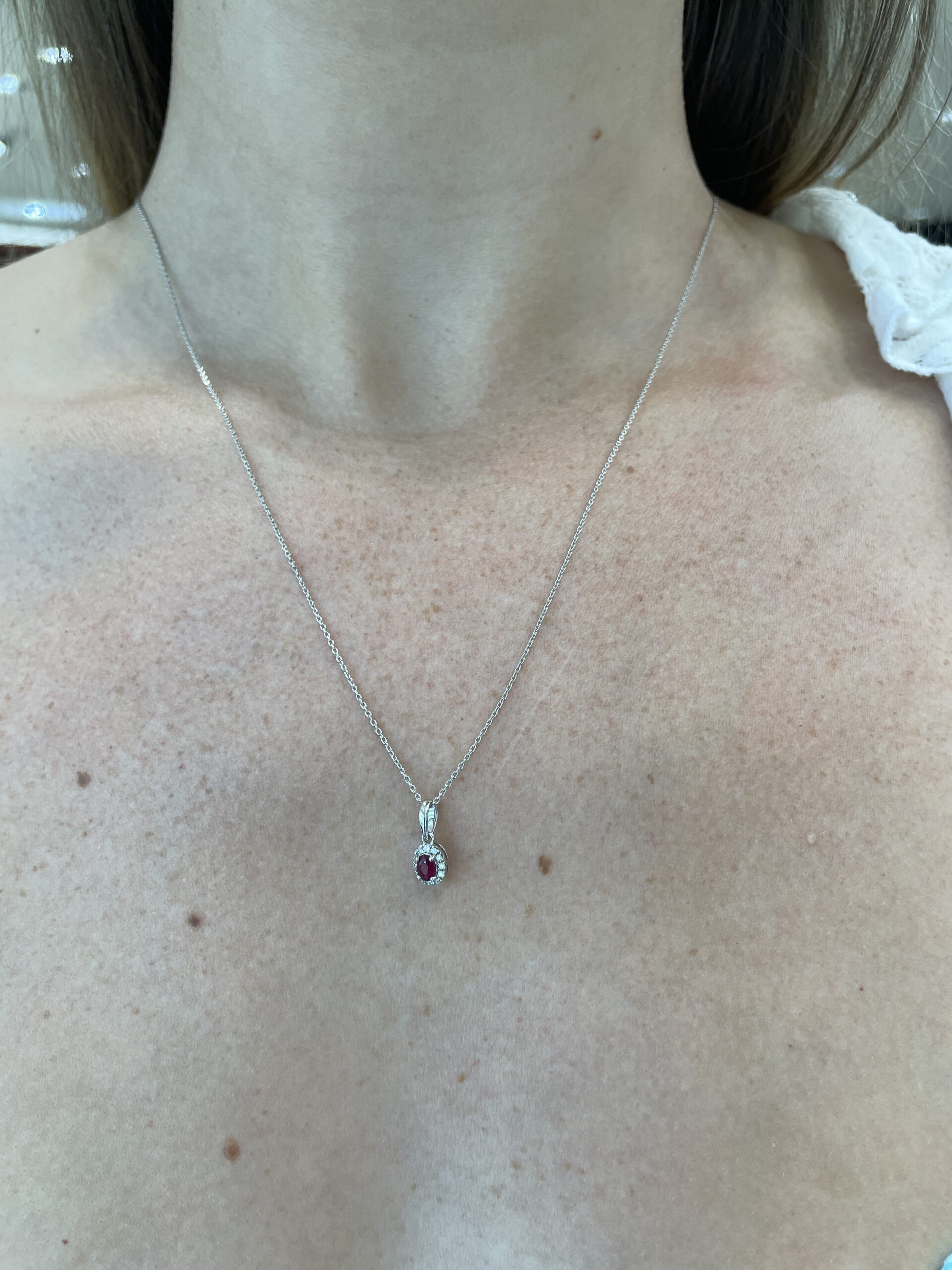White Gold Ruby and Diamond Halo Necklace