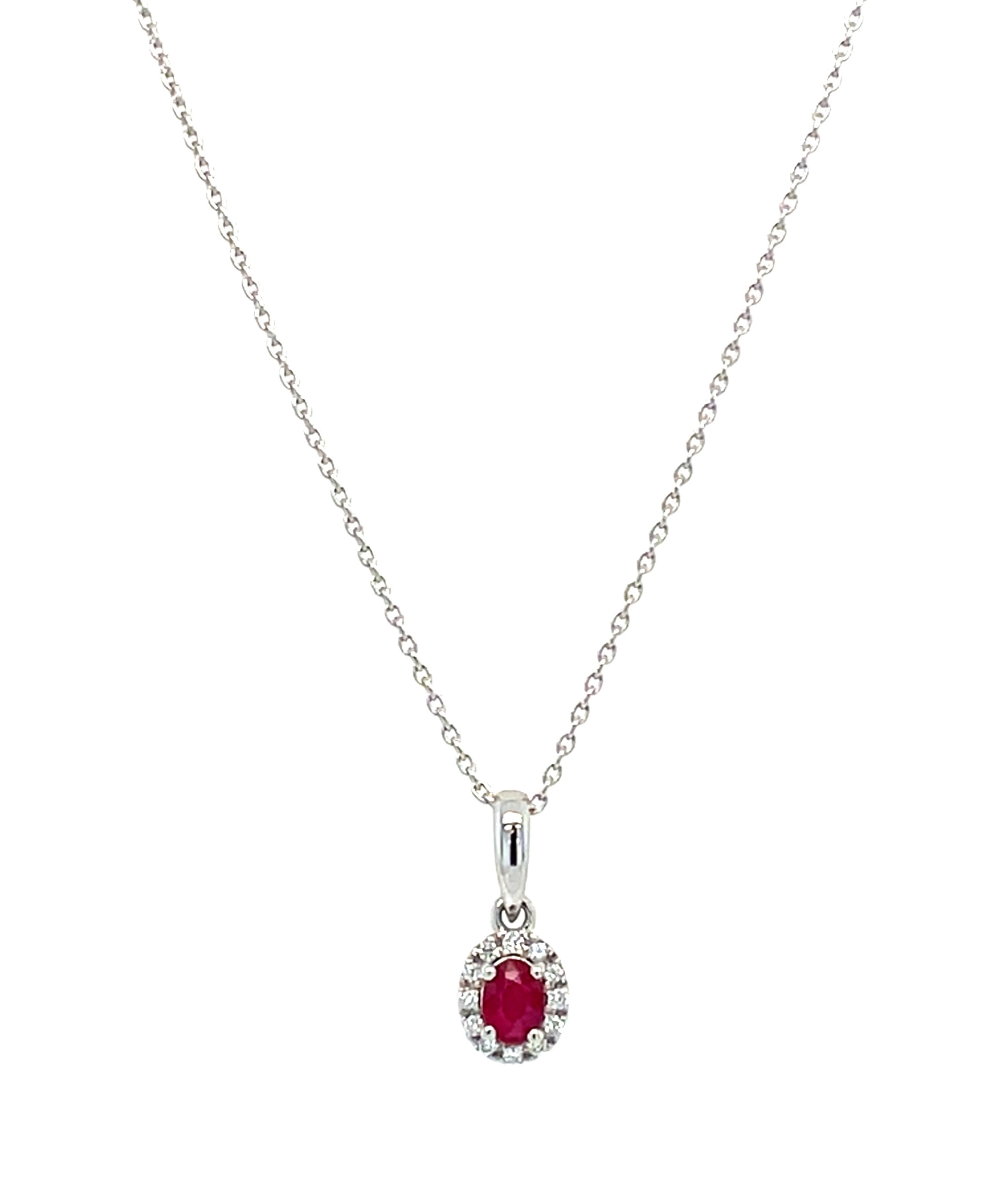 White Gold Ruby and Diamond Halo Necklace