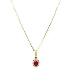Yellow Gold Ruby Necklace with Diamond Halo