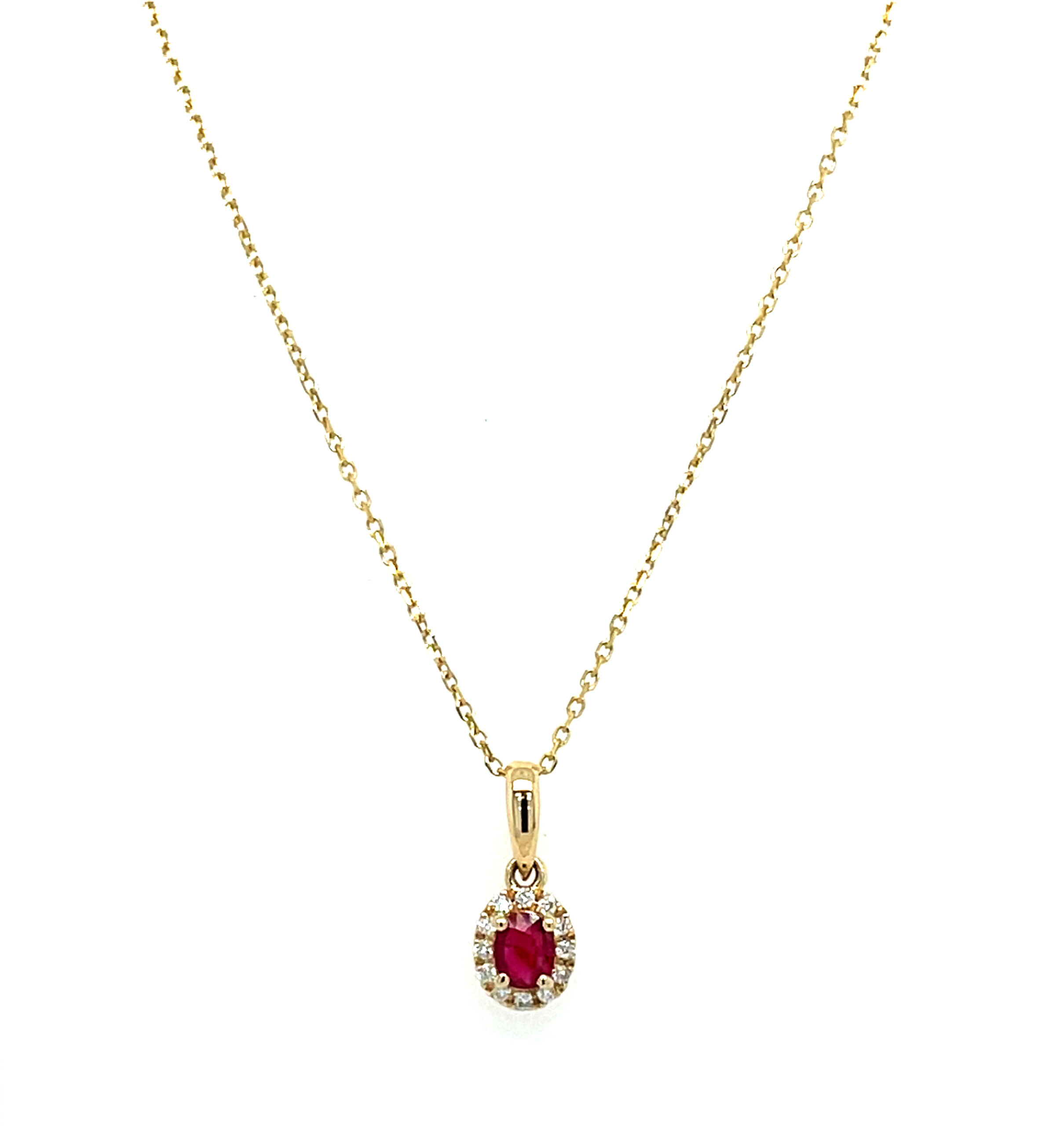 Yellow Gold Ruby Necklace with Diamond Halo