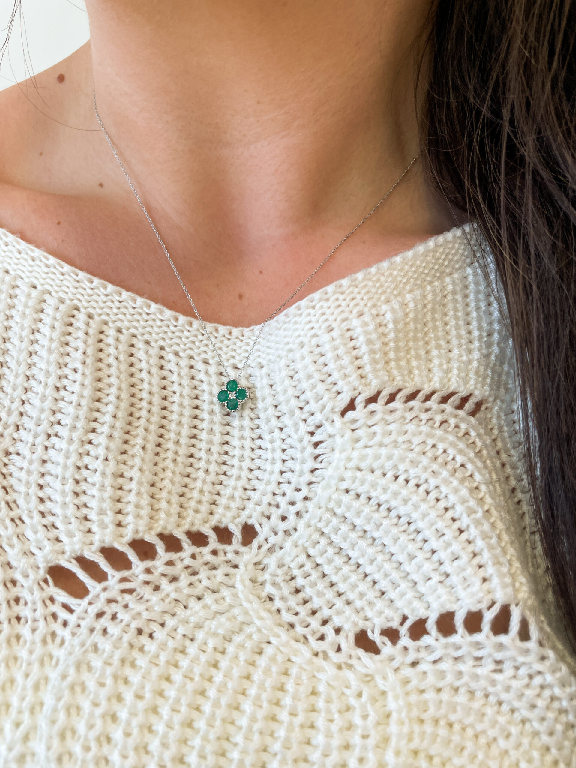 White Gold Quatrefoil Emerald and Diamond Necklace