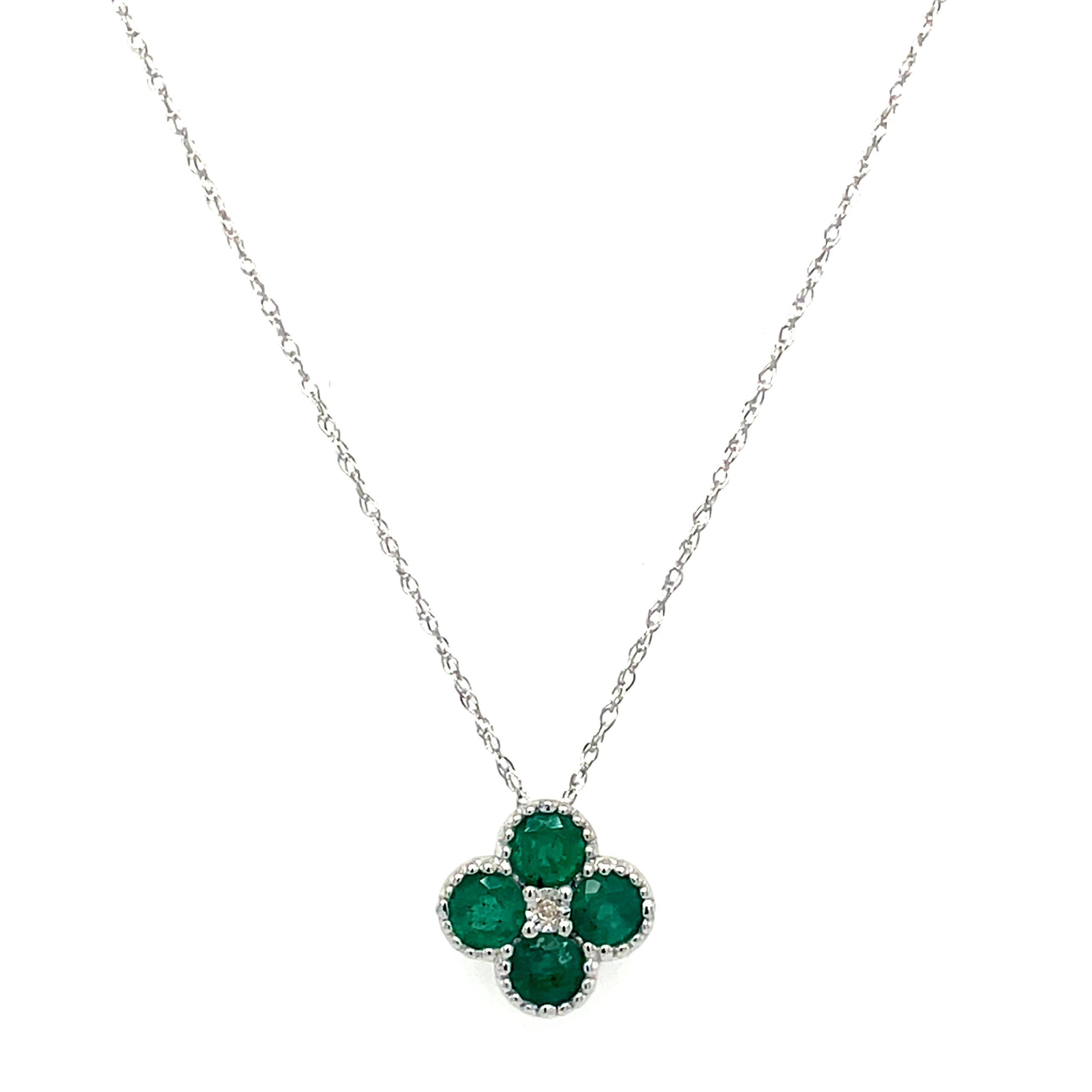 White Gold Quatrefoil Emerald and Diamond Necklace