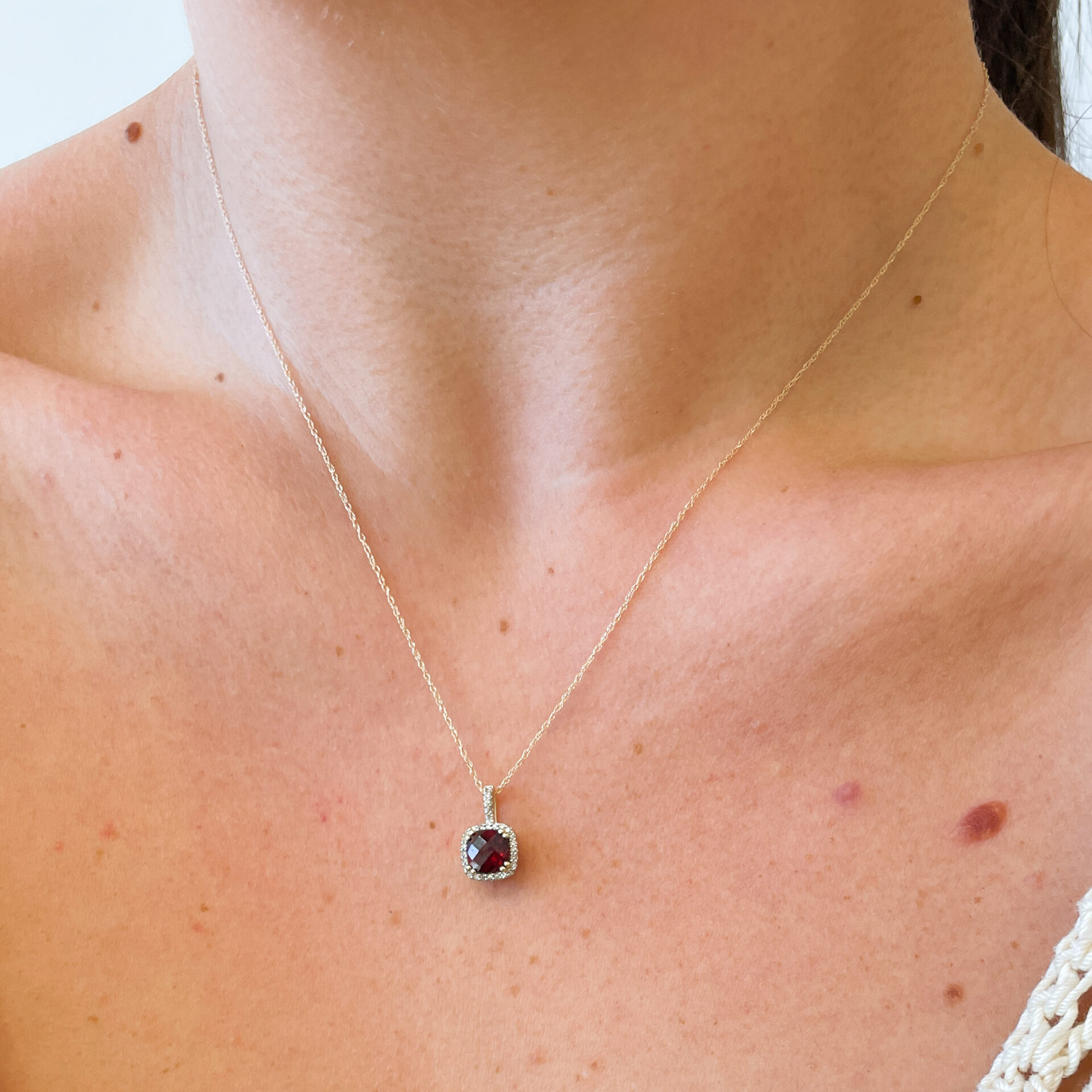 Yellow Gold Garnet Necklace with Diamond Halo