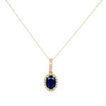 Yellow Gold Oval Sapphire Necklace with Diamond Halo
