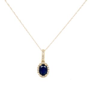 Yellow Gold Oval Sapphire Necklace with Diamond Halo