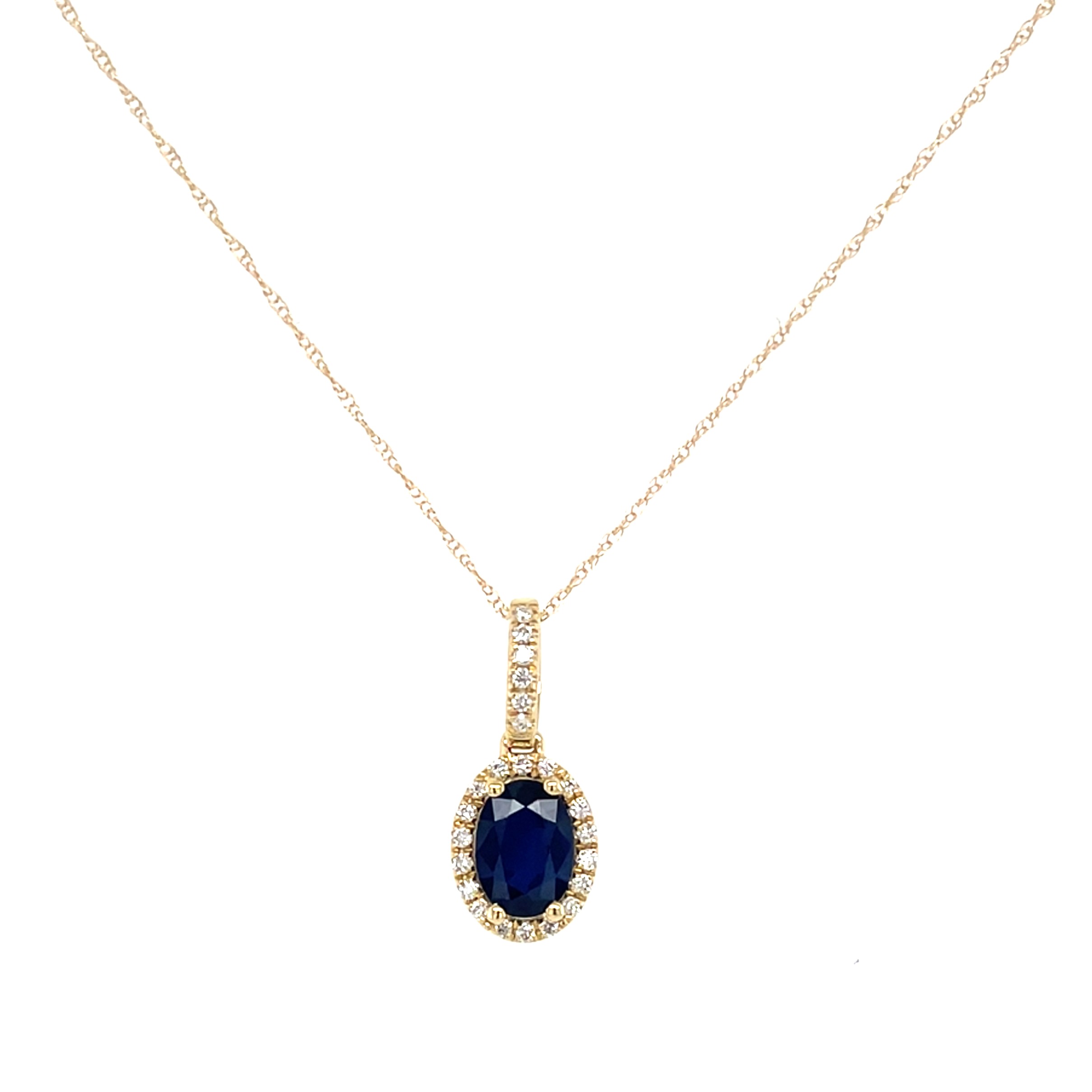 Yellow Gold Oval Sapphire Necklace with Diamond Halo
