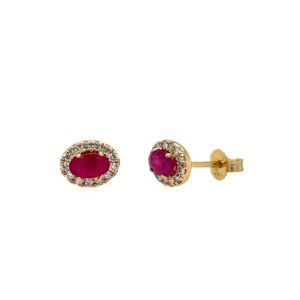 Yellow Gold Ruby Stud Earrings with Diamond Halos