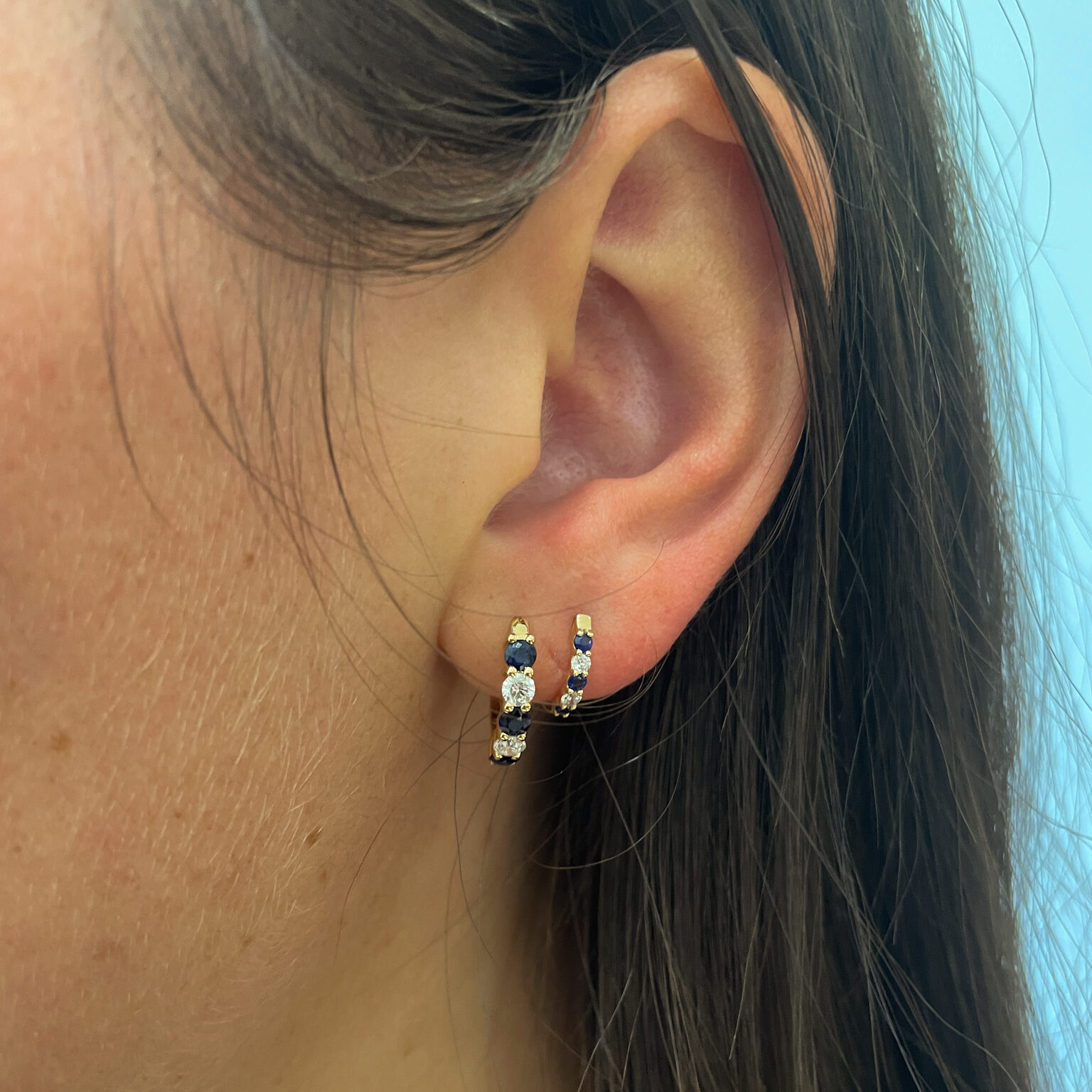 Yellow Gold Sapphire and Diamond Huggie Earrings
