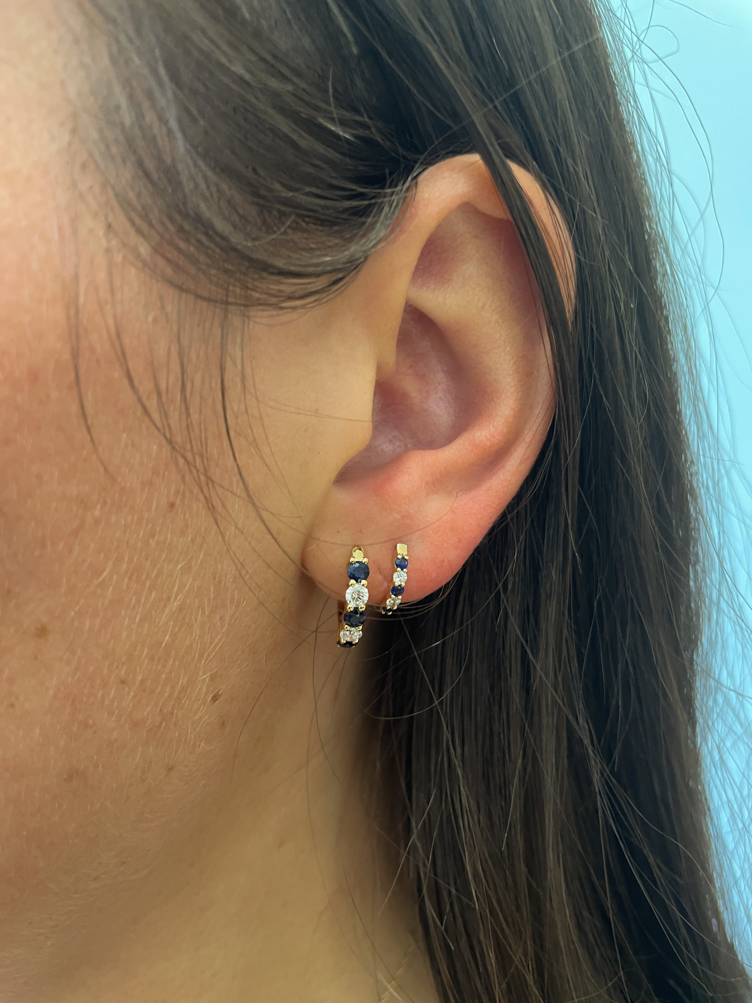 Yellow Gold Sapphire and Diamond Hoop Earrings
