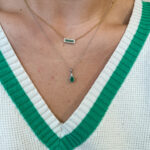 Yellow Gold Emerald Bar Necklace with Diamond Halo
