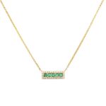 Yellow Gold Emerald Bar Necklace with Diamond Halo