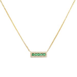 Yellow Gold Emerald Bar Necklace with Diamond Halo