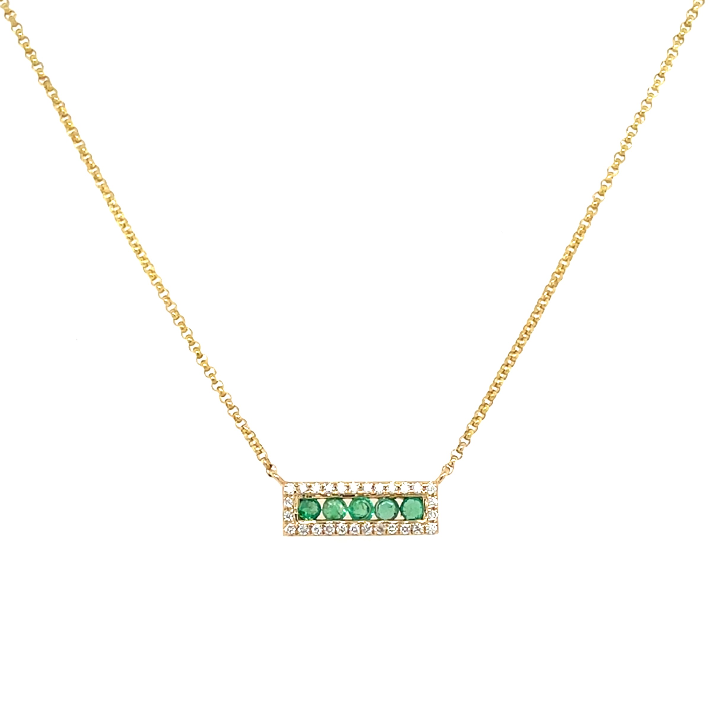 Yellow Gold Emerald Bar Necklace with Diamond Halo