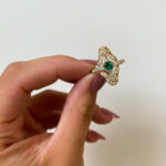 Yellow Gold Deco-Inspired Emerald Ring with Diamonds