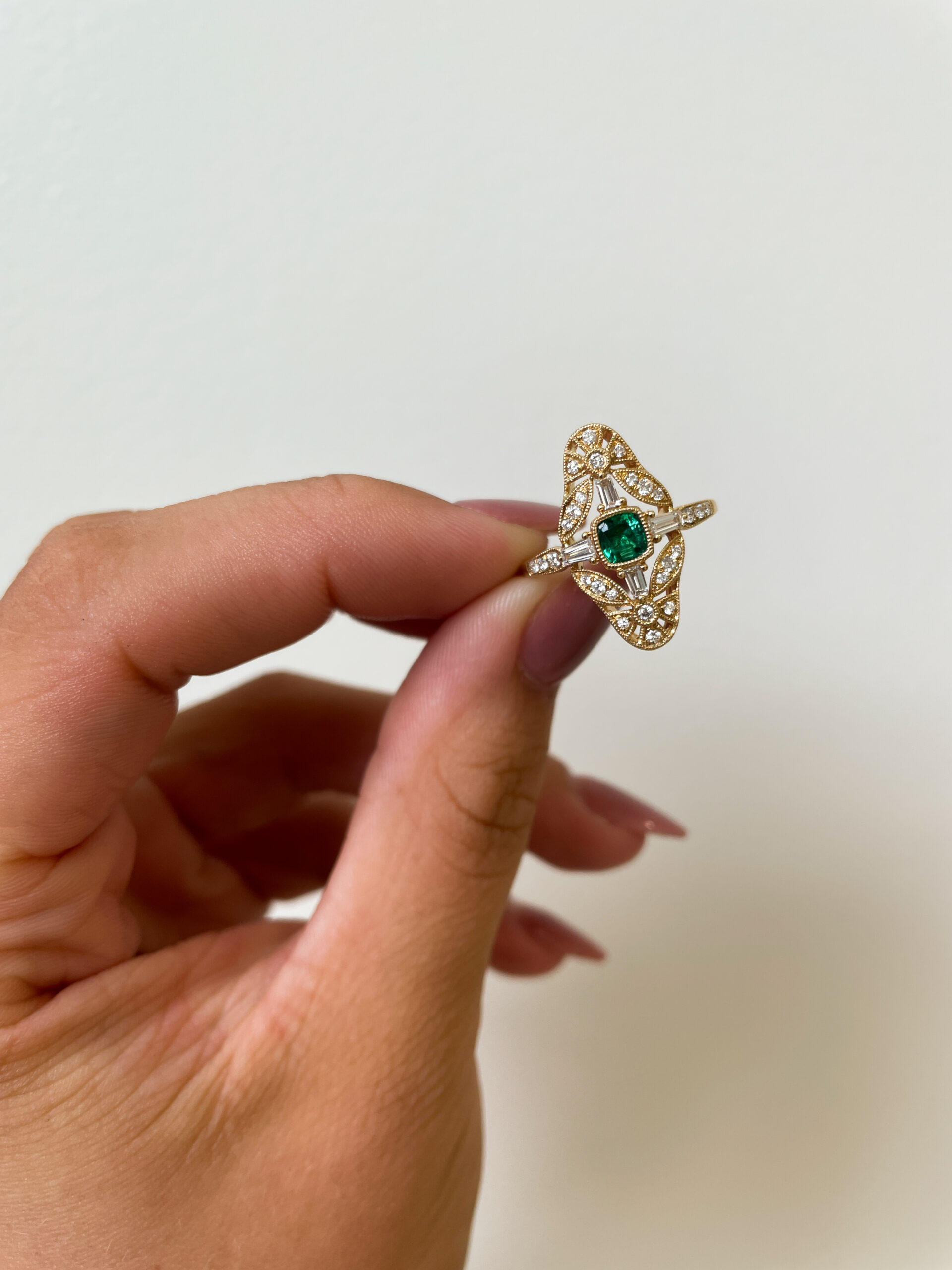 Yellow Gold Deco-Inspired Emerald Ring with Diamonds