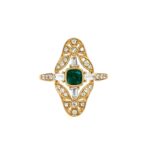 Yellow Gold Deco-Inspired Emerald Ring with Diamonds