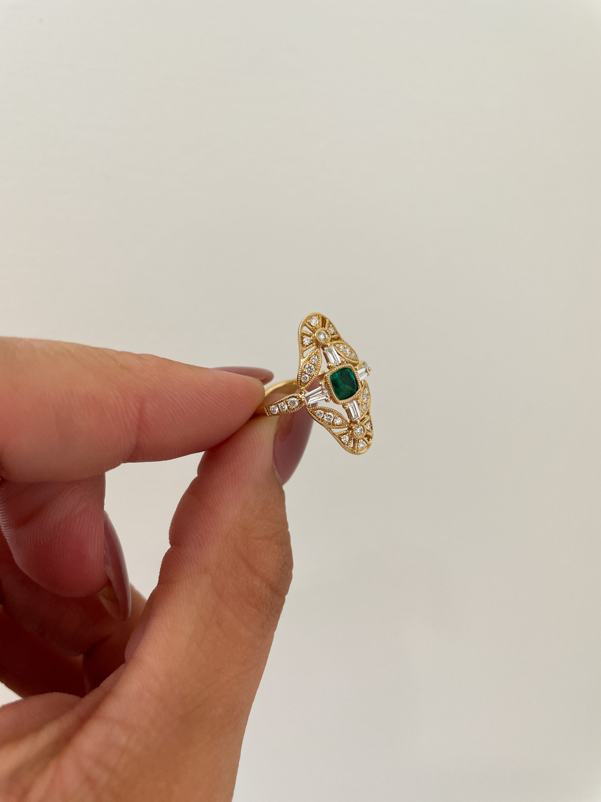 Yellow Gold Deco-Inspired Emerald Ring with Diamonds