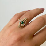 Yellow Gold Deco-Inspired Emerald Ring with Diamonds
