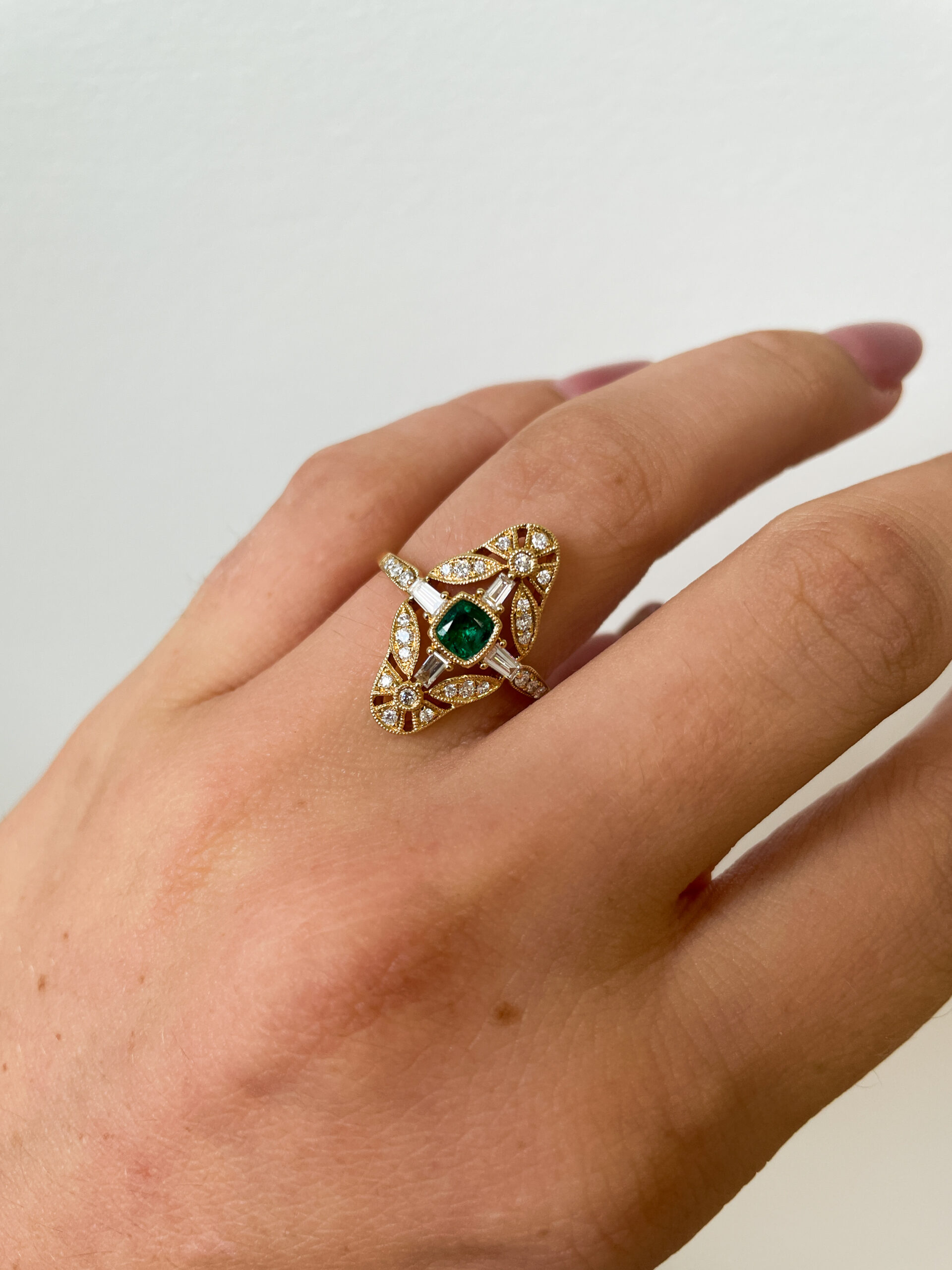 Yellow Gold Deco-Inspired Emerald Ring with Diamonds