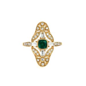Yellow Gold Deco-Inspired Emerald Ring with Diamonds