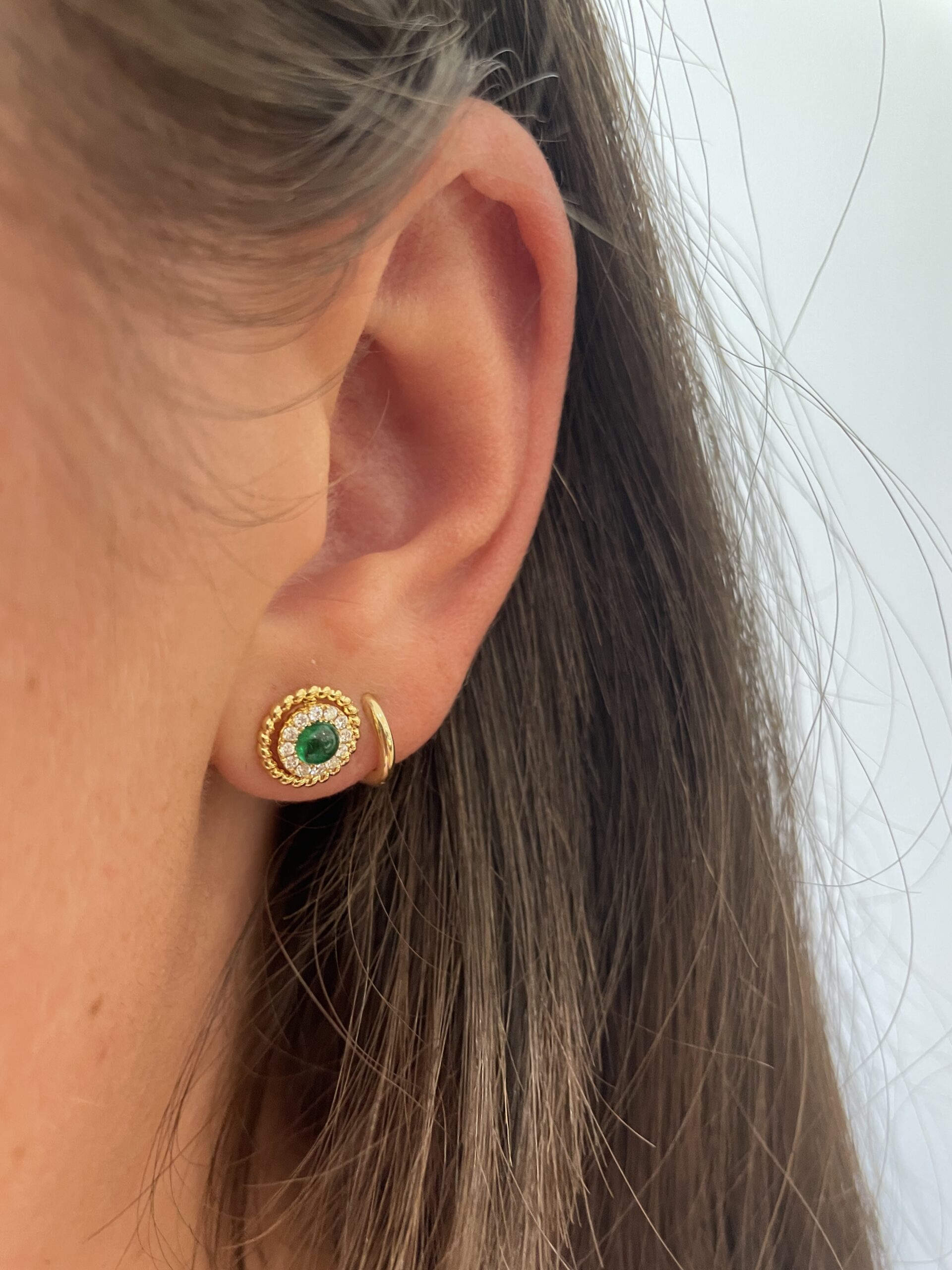 Yellow Gold Cabochon Emerald Stud Earrings with Diamonds