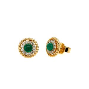 Yellow Gold Cabochon Emerald Stud Earrings with Diamonds