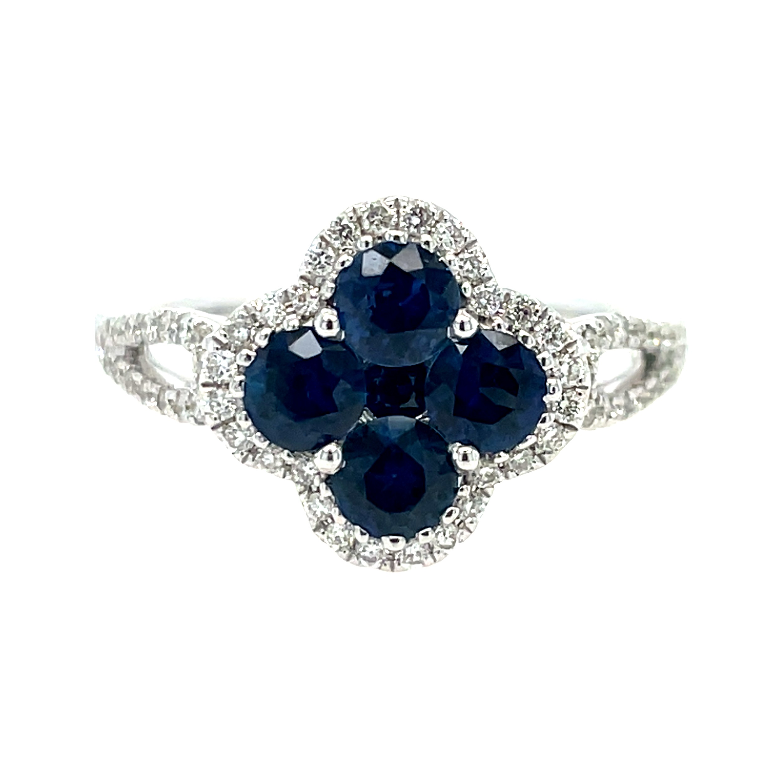 White Gold Sapphire Quatrefoil Ring with Diamonds