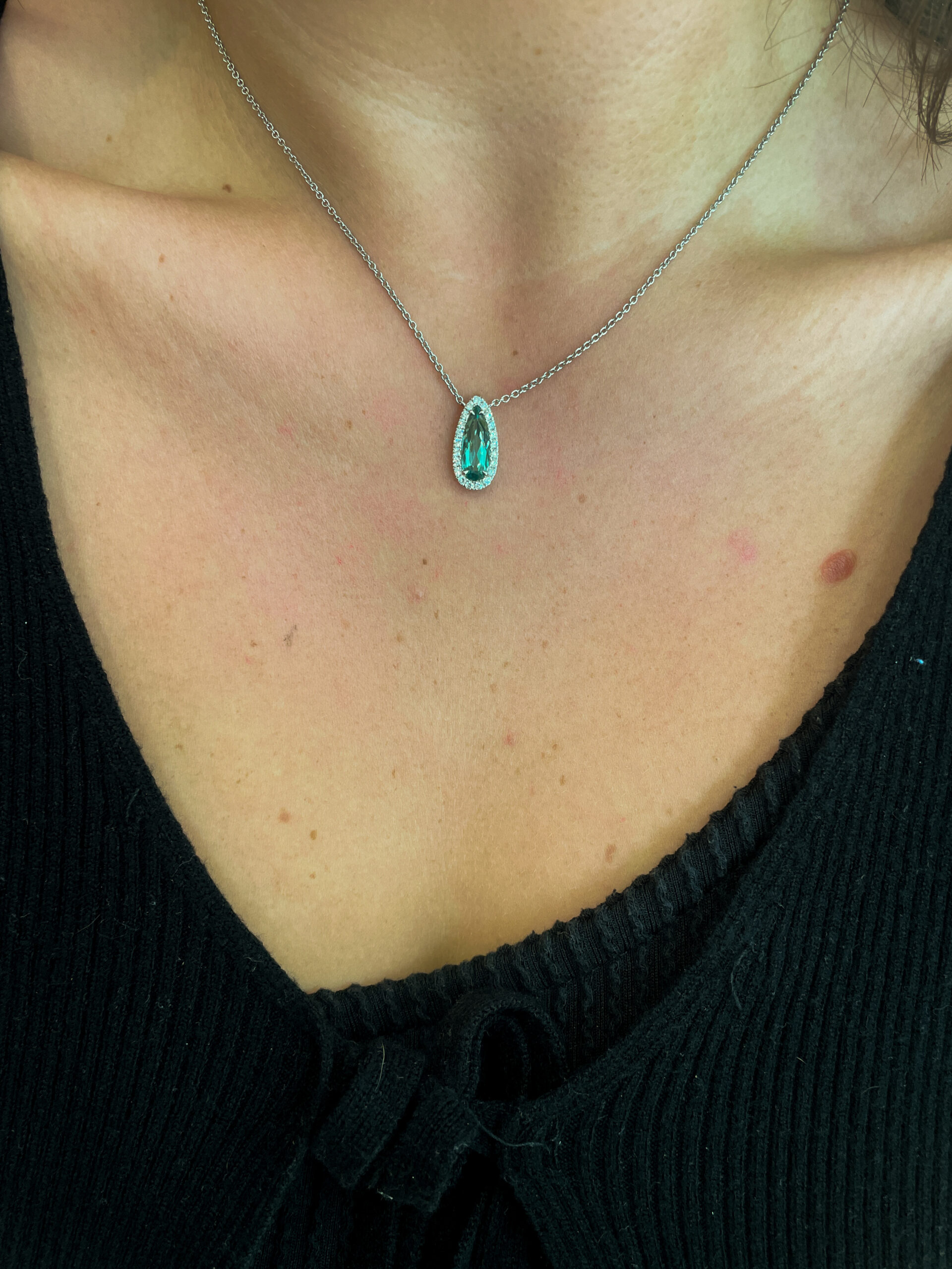 White Gold Pear-Shaped Mint Green Tourmaline & Diamond Necklace