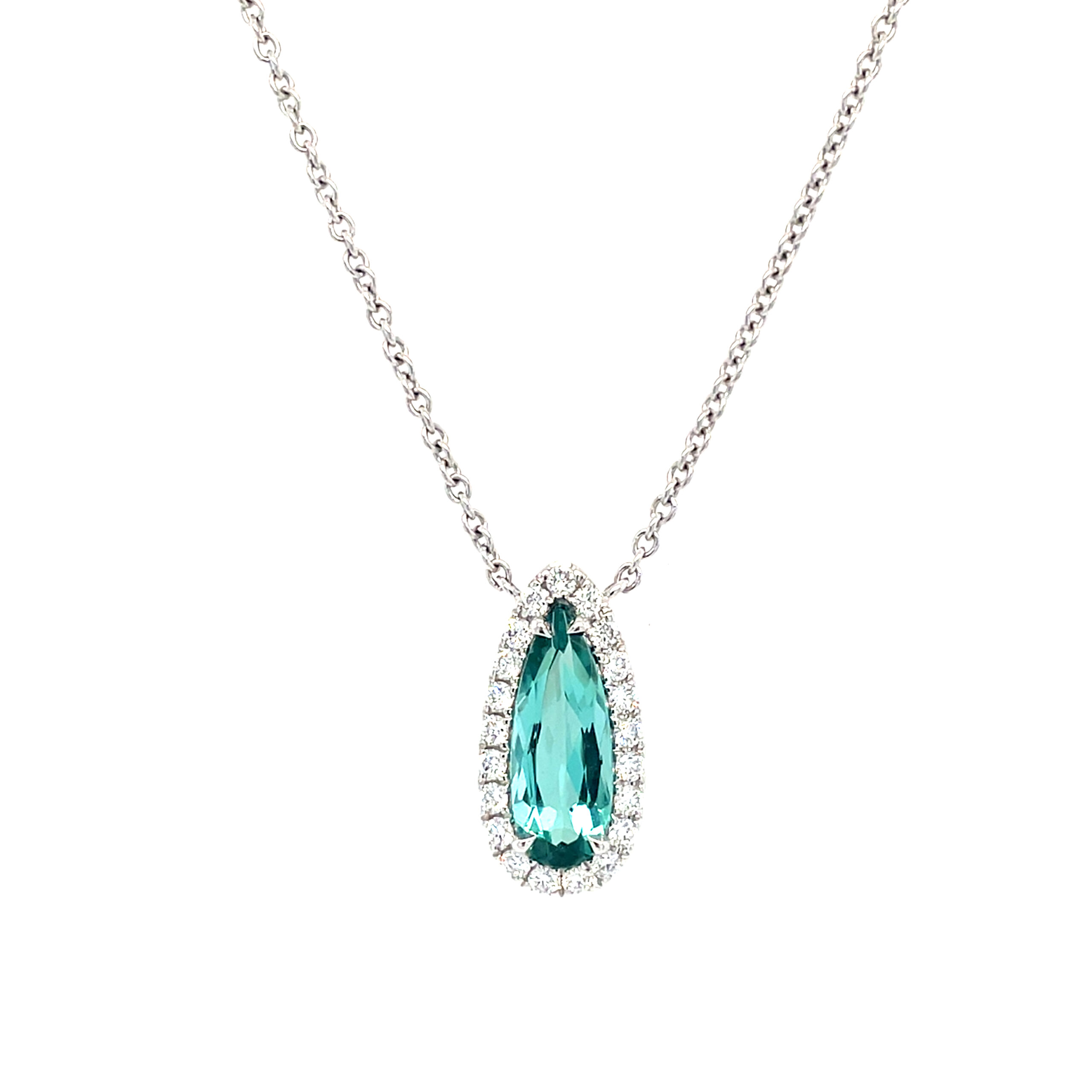 White Gold Pear-Shaped Mint Green Tourmaline & Diamond Necklace