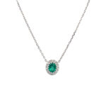 White Gold Oval Emerald Necklace with Diamond Halo