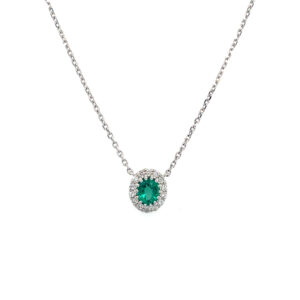 White Gold Oval Emerald Necklace with Diamond Halo