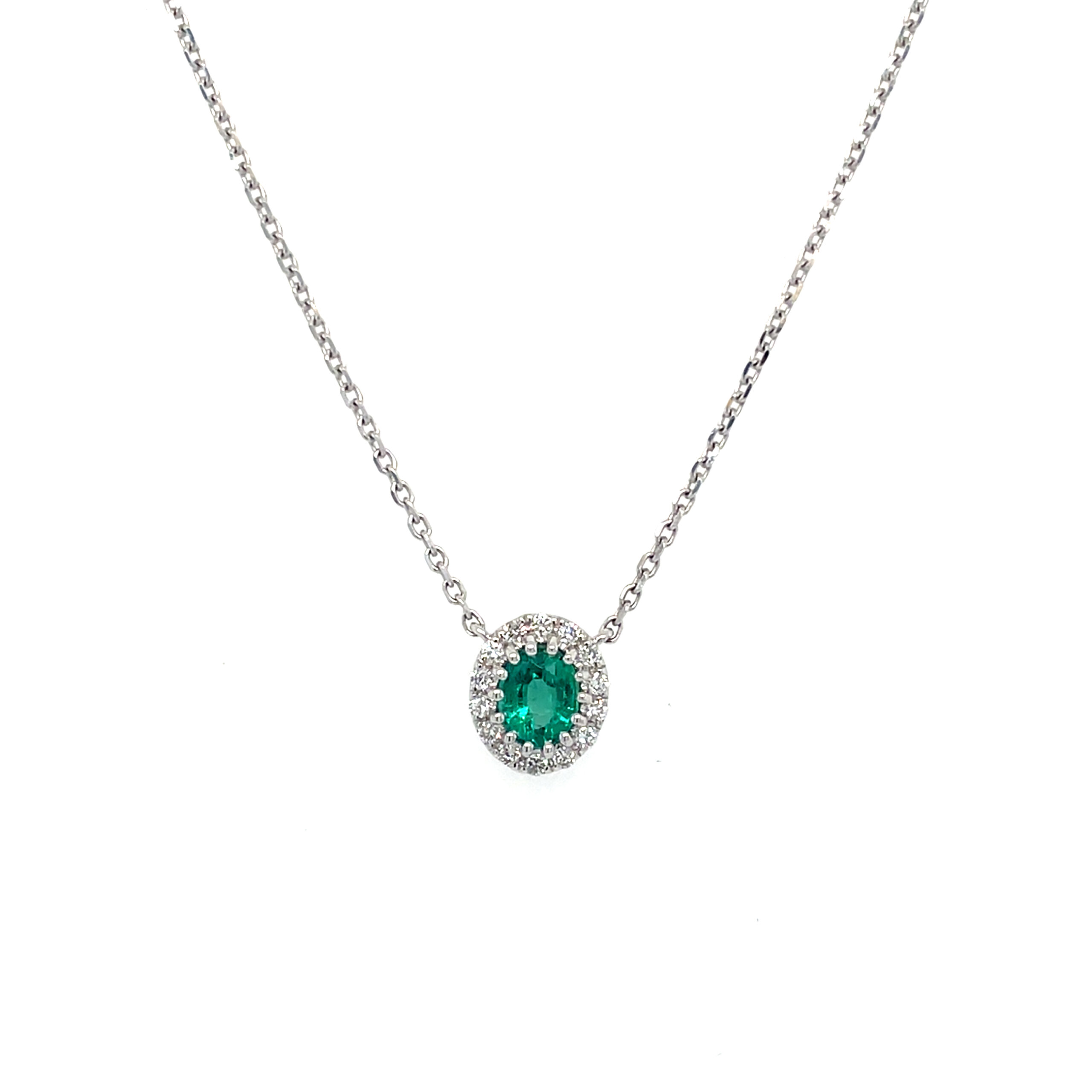 White Gold Oval Emerald Necklace with Diamond Halo