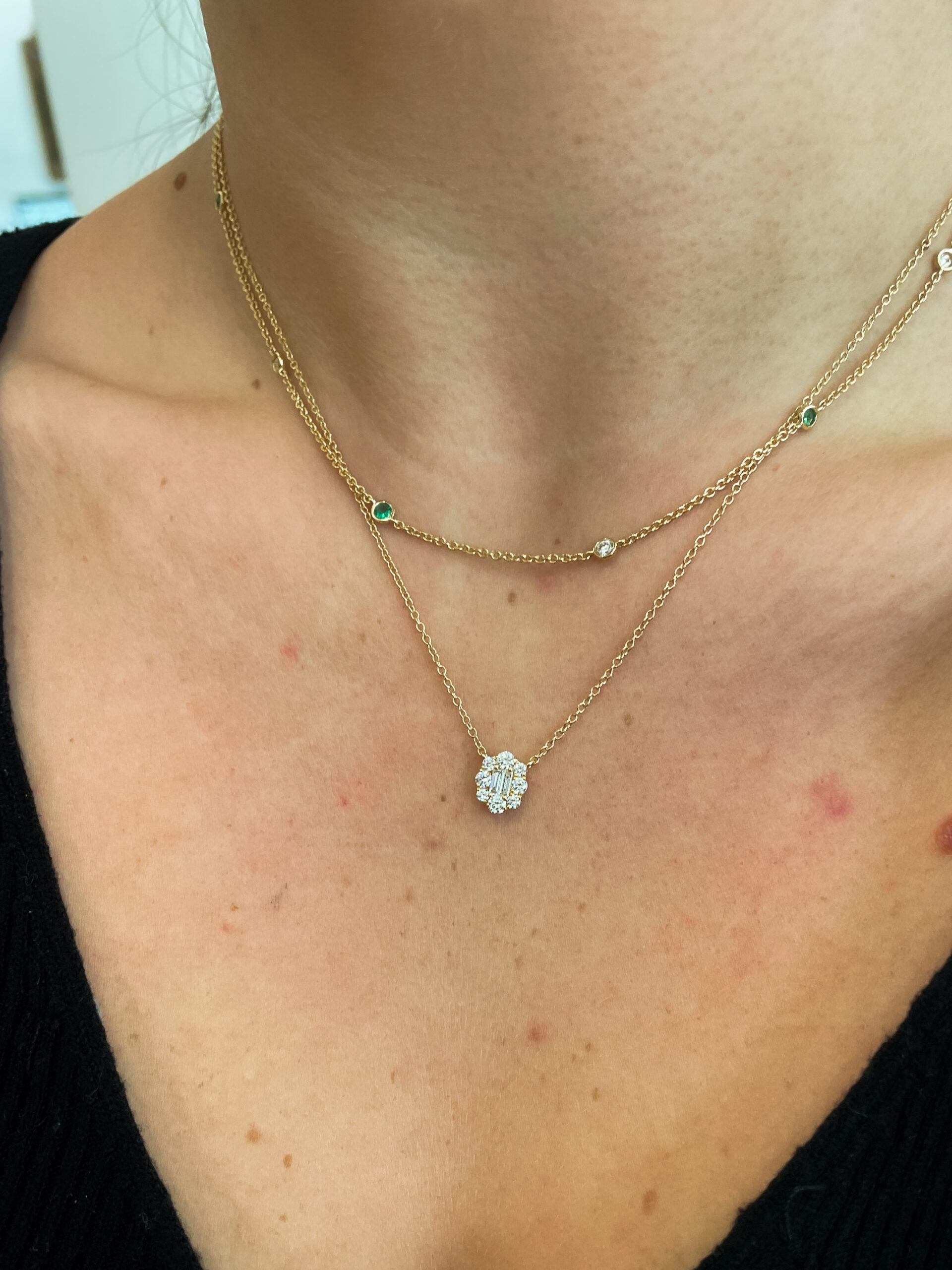 Yellow Gold Emerald & Diamond Station Necklace