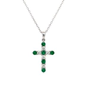 White Gold Emerald & Diamond Cross Necklace