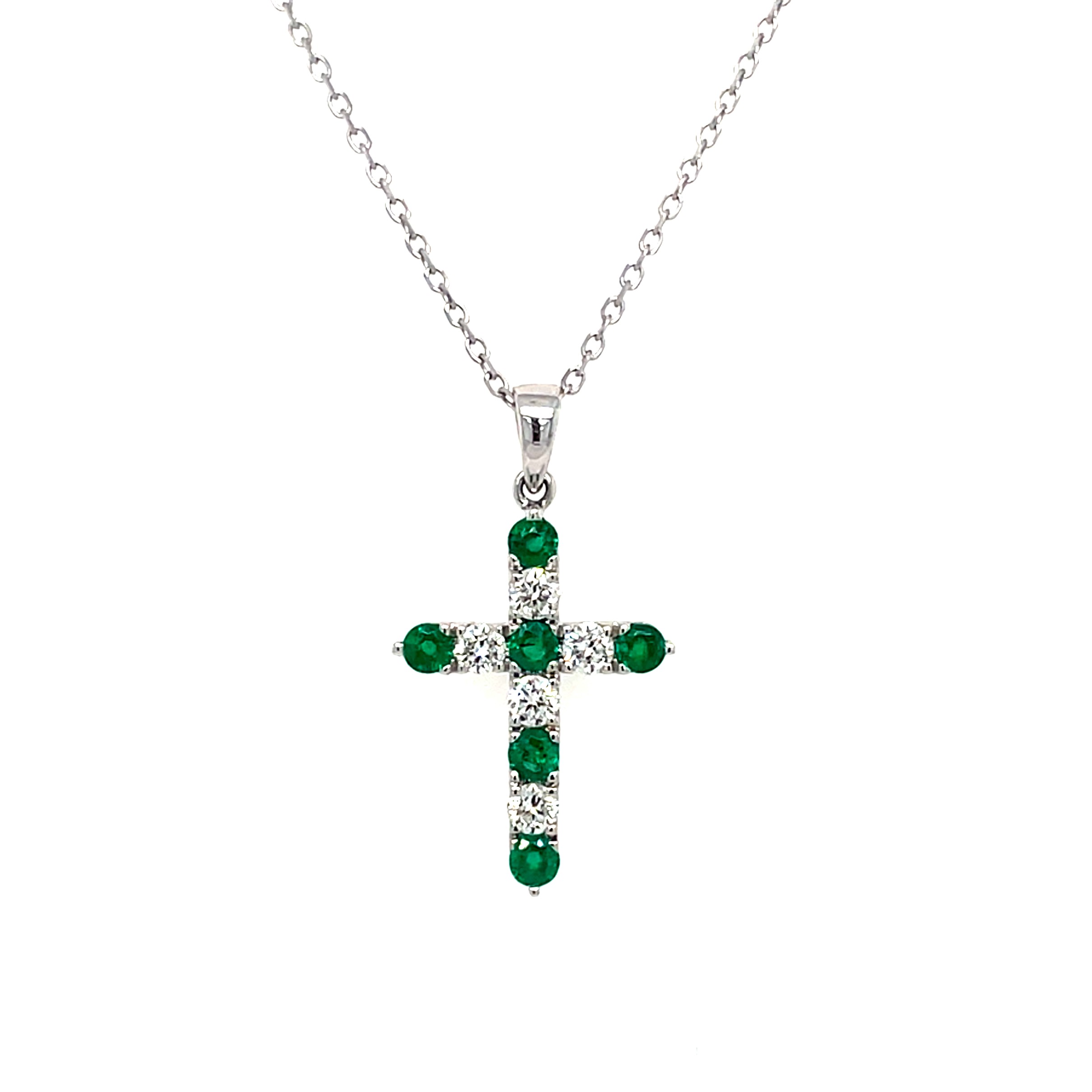 White Gold Emerald & Diamond Cross Necklace