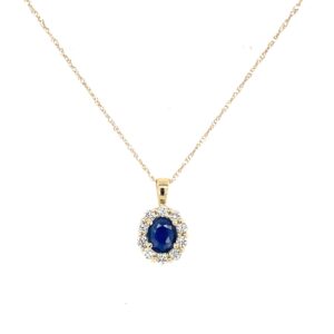 Yellow Gold Oval Sapphire Necklace with Diamond Halo